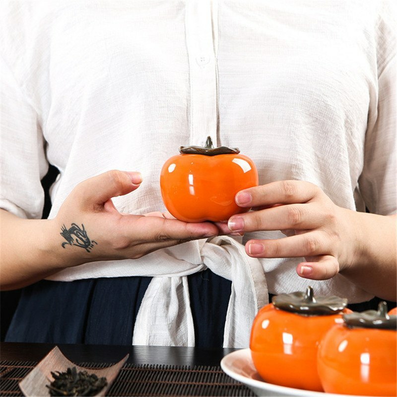 Ceramic Persimmon Tea Canister Coffee Box Caddy Storage Sealed Jar Cans Tea Set