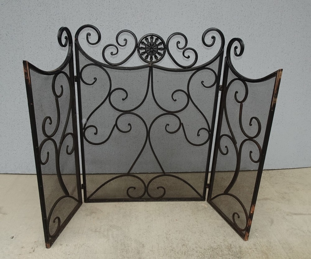 Vintage Tri-Fold Three Panel Black Metal Fireplace Screen
