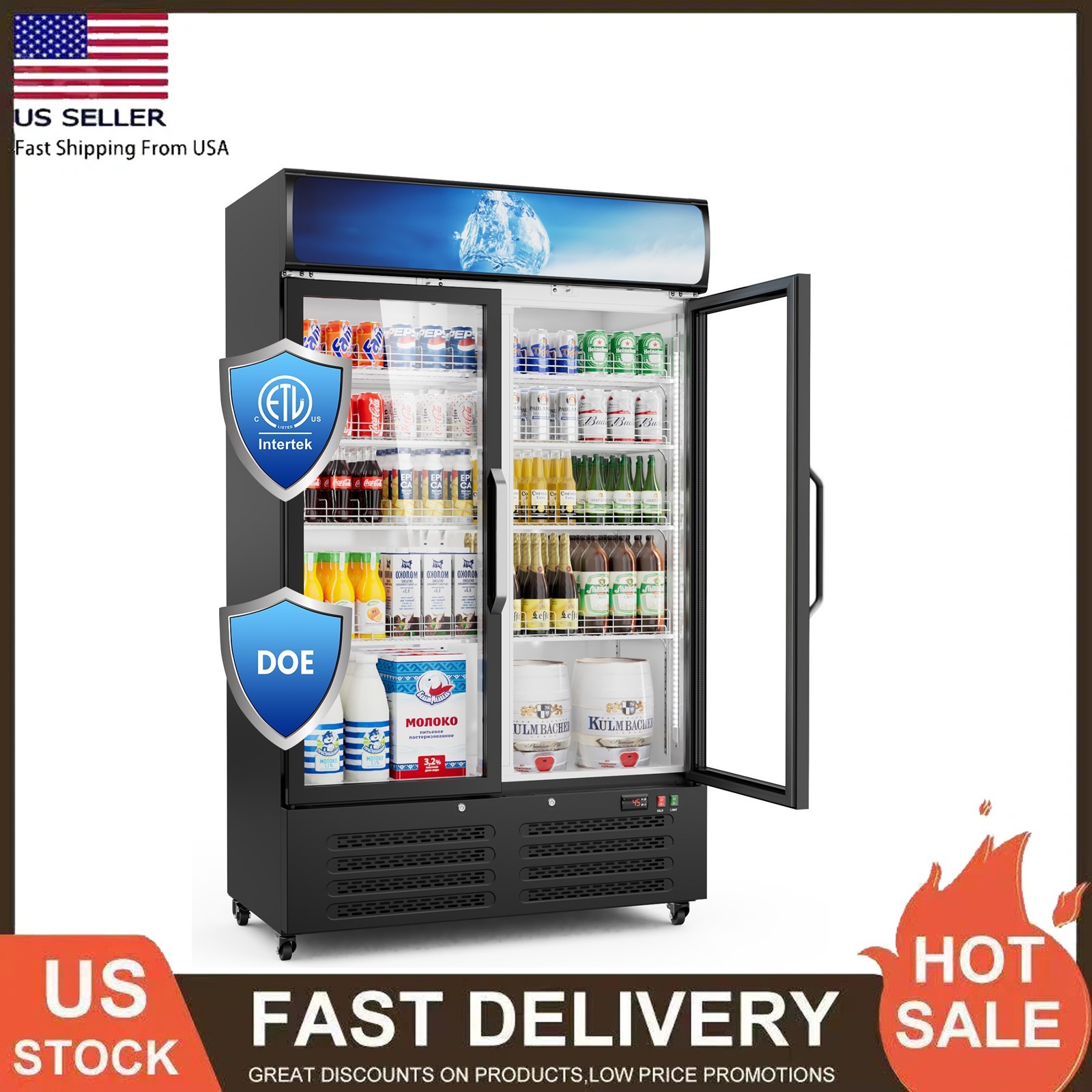 Commercial Merchandiser Refrigerator 28 CU.FT Glass Doors Beverage Refrigerators
