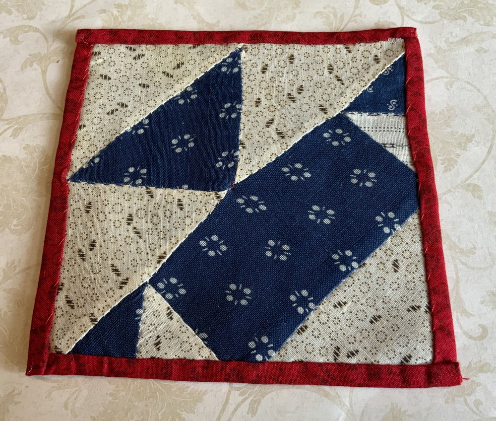 Vintage Patchwork Sm. Quilt Table Topper, Triangles, Early Calico Prints,  Navy
