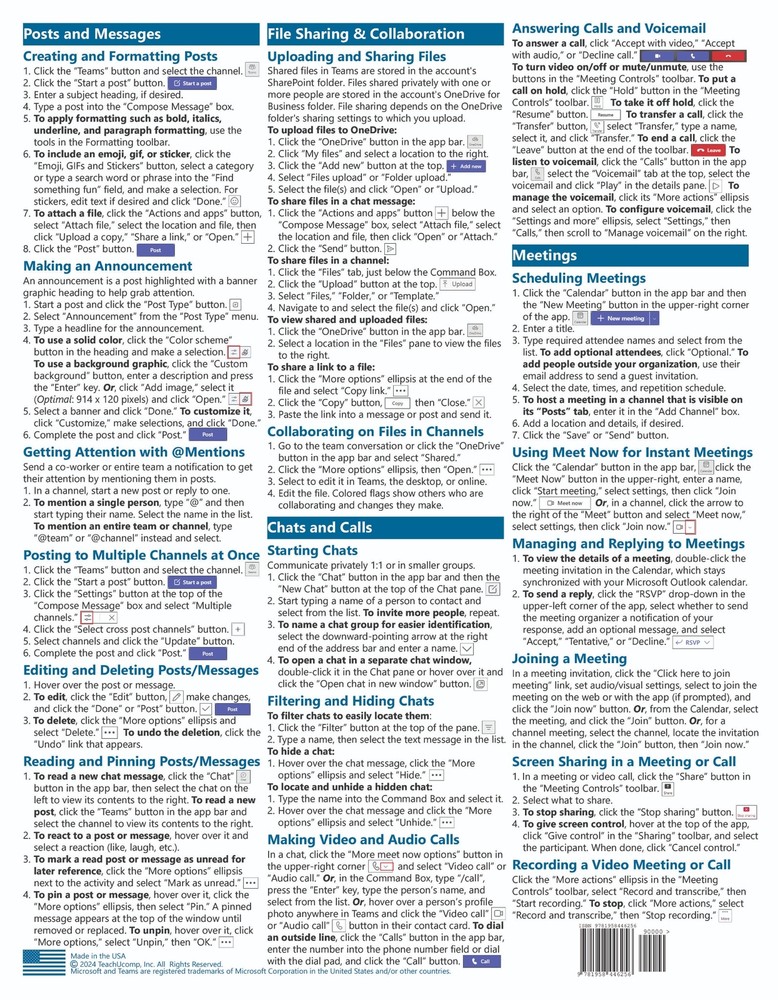 Microsoft Teams Training Guide Quick Reference Card 2 Page Cheat Sheet Help