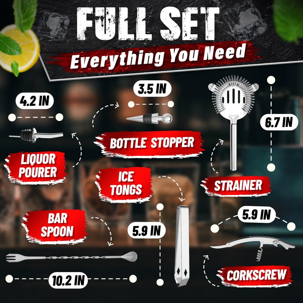 Mixology Bartender Kit with Stand – 10 Pcs Bar Set, 10 Silver Set