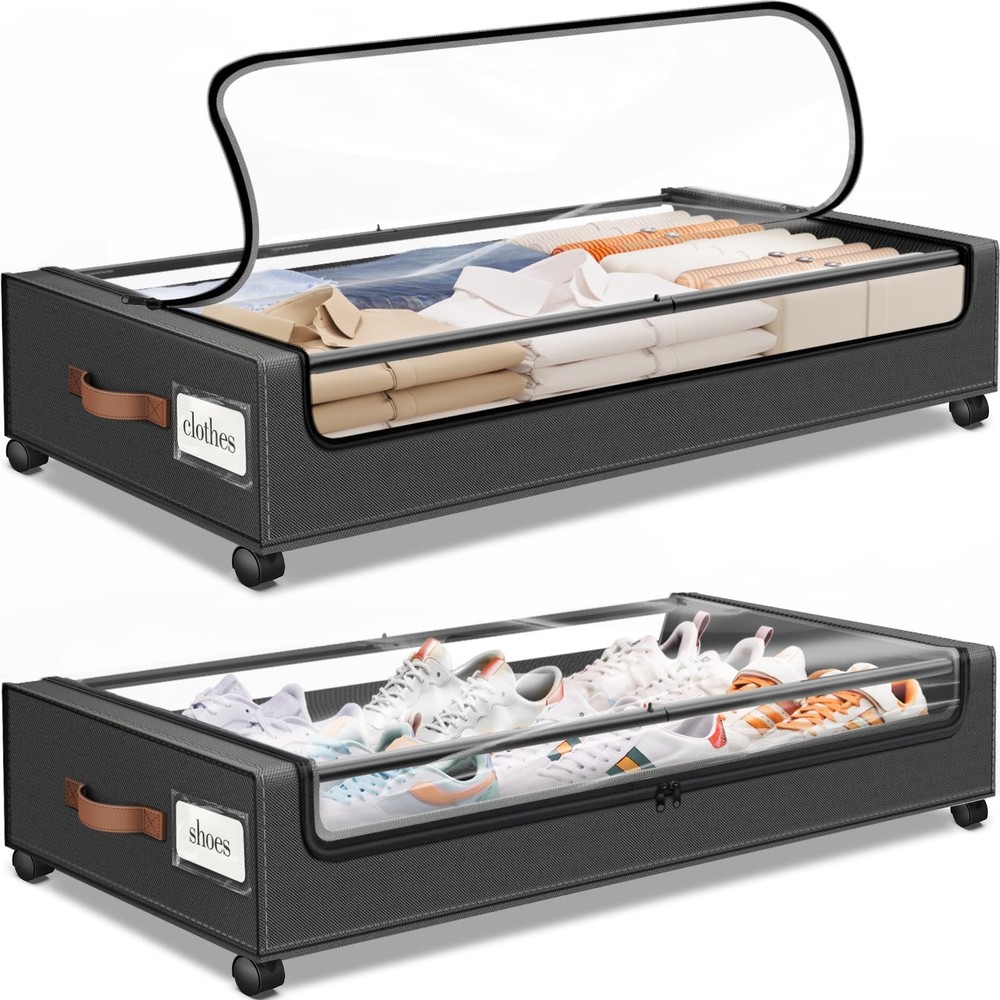 Under Bed Storage with Wheels 2Pack Storage Containers with Clear Window&Labe...