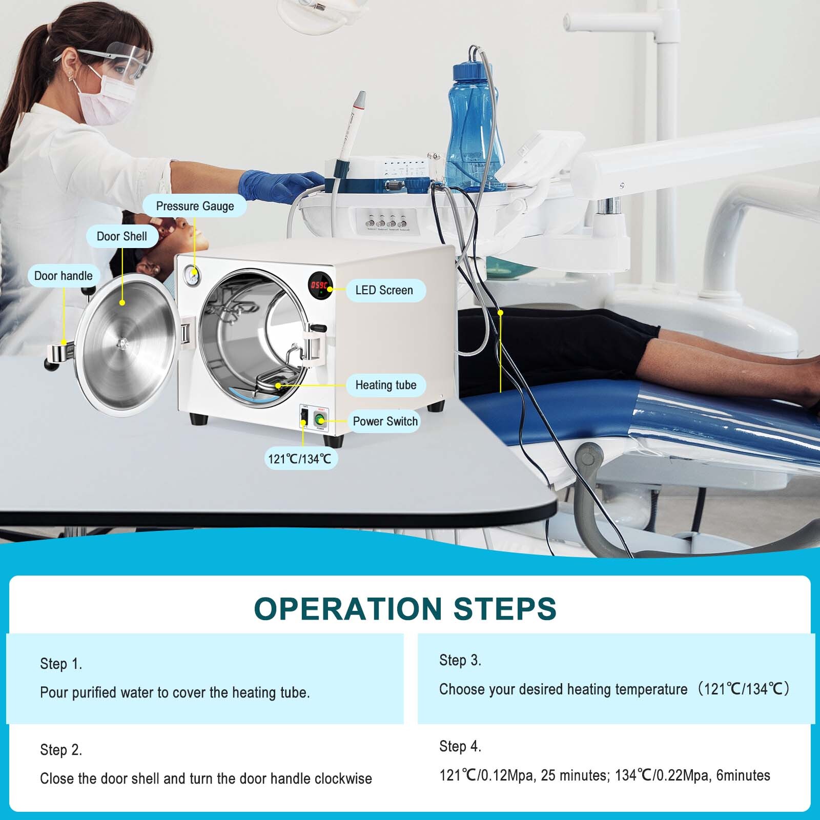 18L Dental Autoclave Steam Sterilizer 252℉ & 273℉ Surgical Medical Sterilization