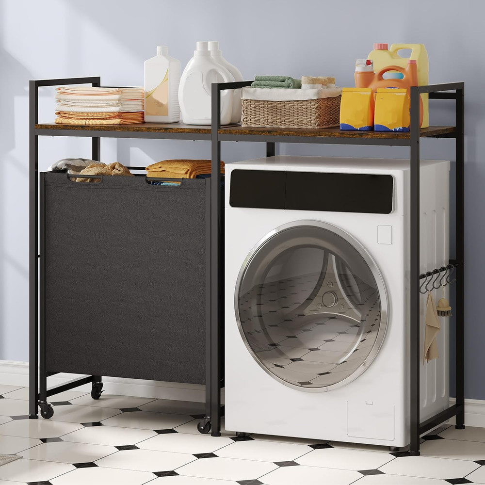 Rolling Laundry Cart with Shelves & Hooks - Over Washer Storage Solution 55"H