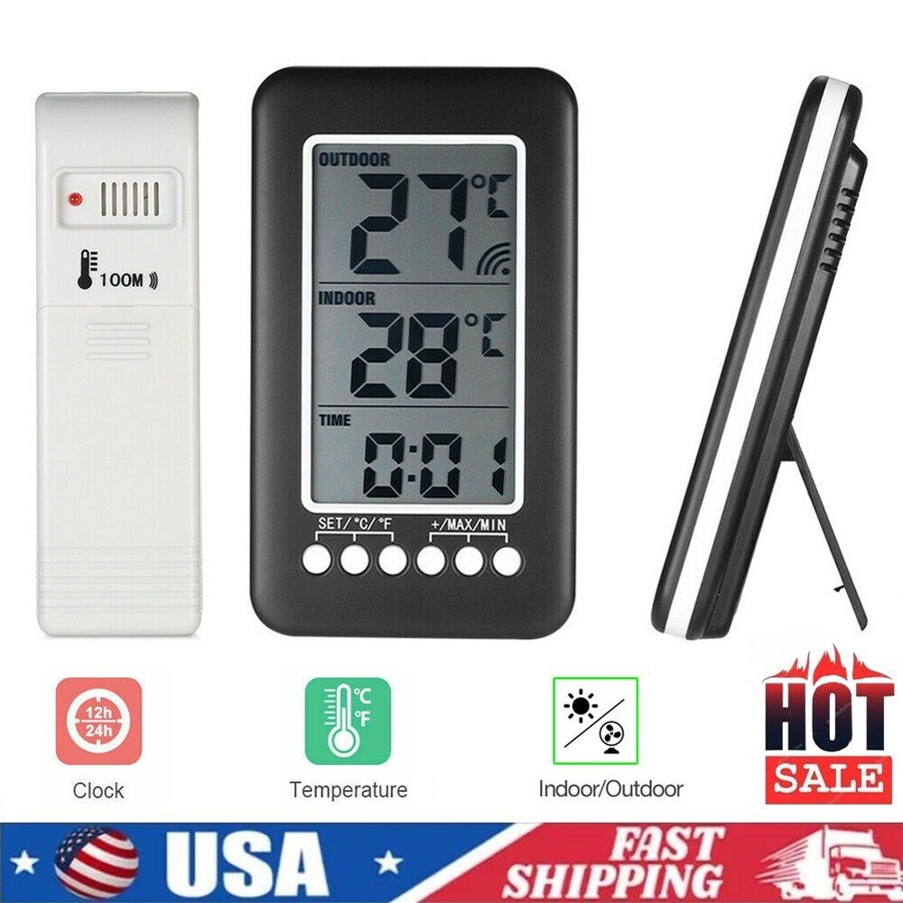 Indoor/Outdoor Digital Thermometer Clock Temperature Wireless Transmitter Meter