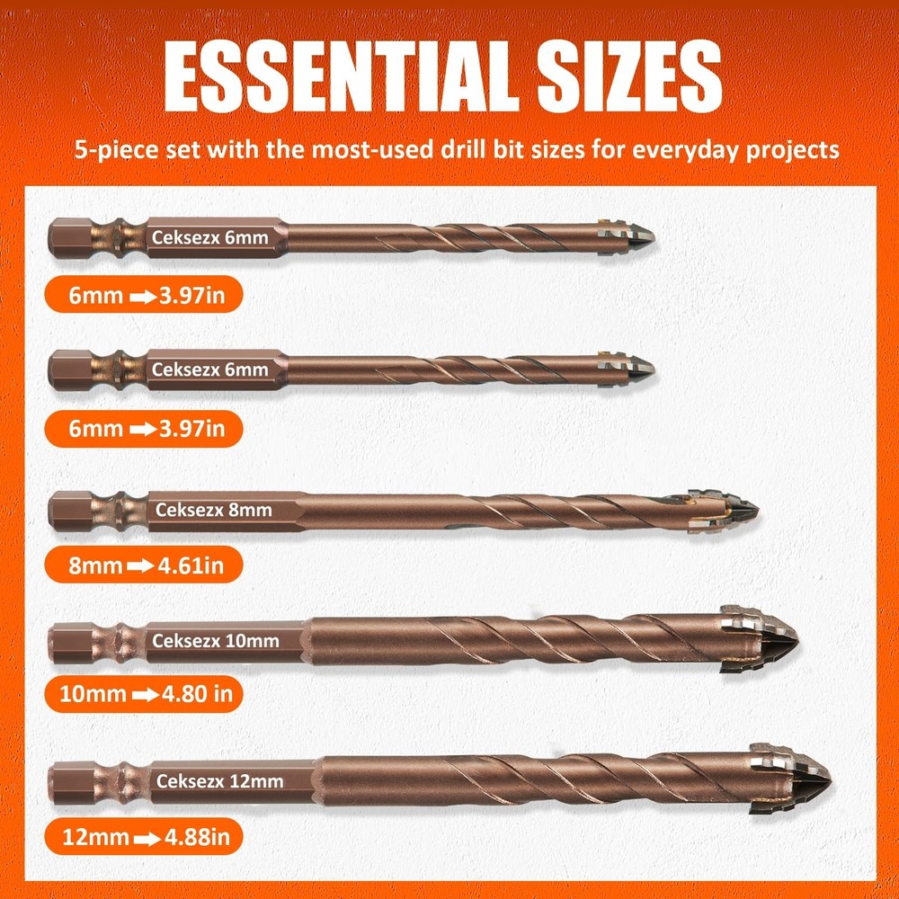 5 PCS Masonry Drill Bit Set, Professional Carbide Concrete Drill Bit Set for ...