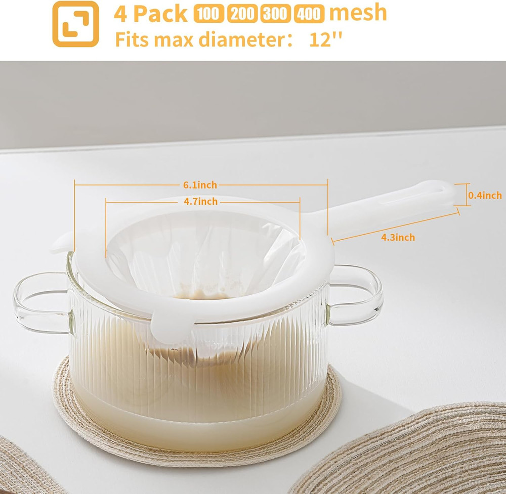 Premium Multi-Mesh Strainer Set, 4 Pack - 100/200/300/400 Mesh, Nylon & Plastic
