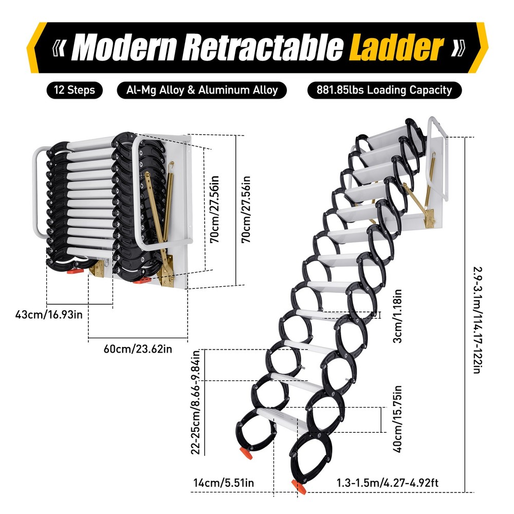 Attic Loft Pull Down Ladder 12Step Wall Mounted Folding Loft Ladder Stairs