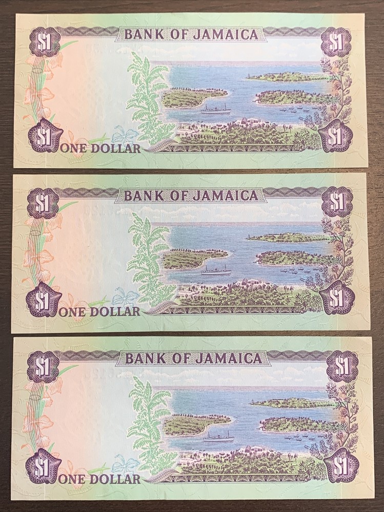 1982 $1 Jamaica UNC Consecutive Series 3 Banknotes