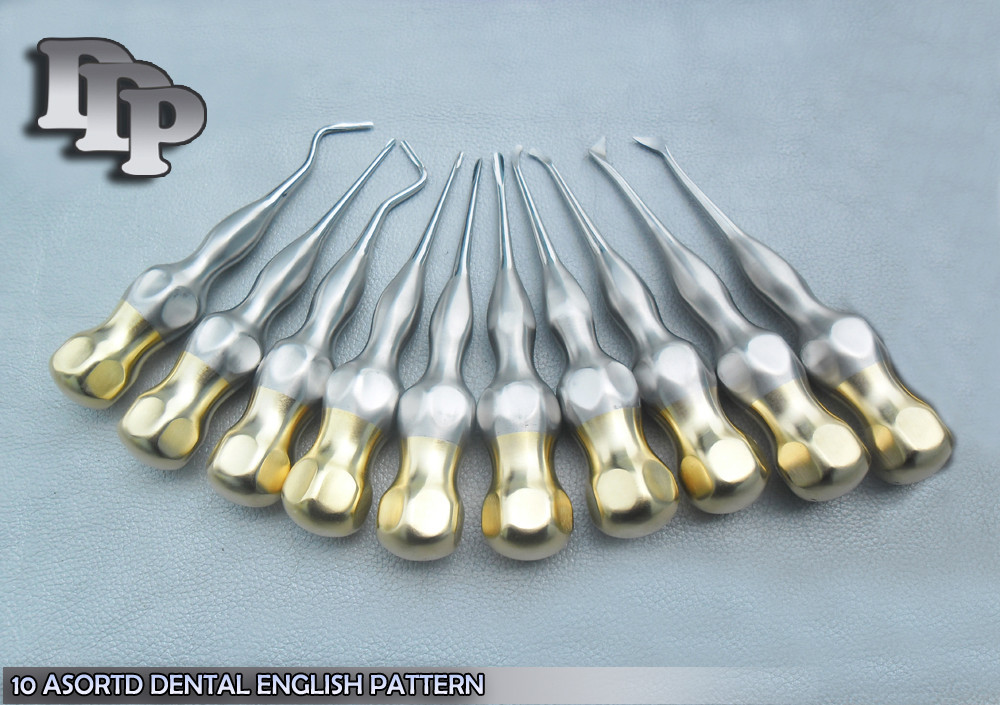 10 ASORTD DENTAL ENGLISH PATTERN ELEVATORS GOLD HANDLE