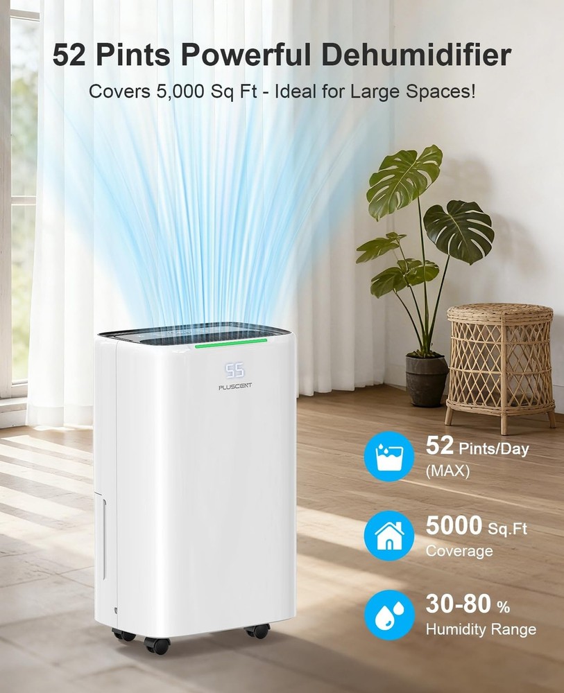 5000 Sq.Ft Dehumidifiers for Home, 52 Pints Compressor Dehumidifier for Basem...