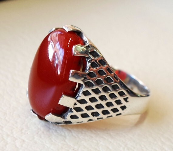 Solid 925 Sterling Silver Red Italian Coral Gemstone Statement Men's Gift Ring