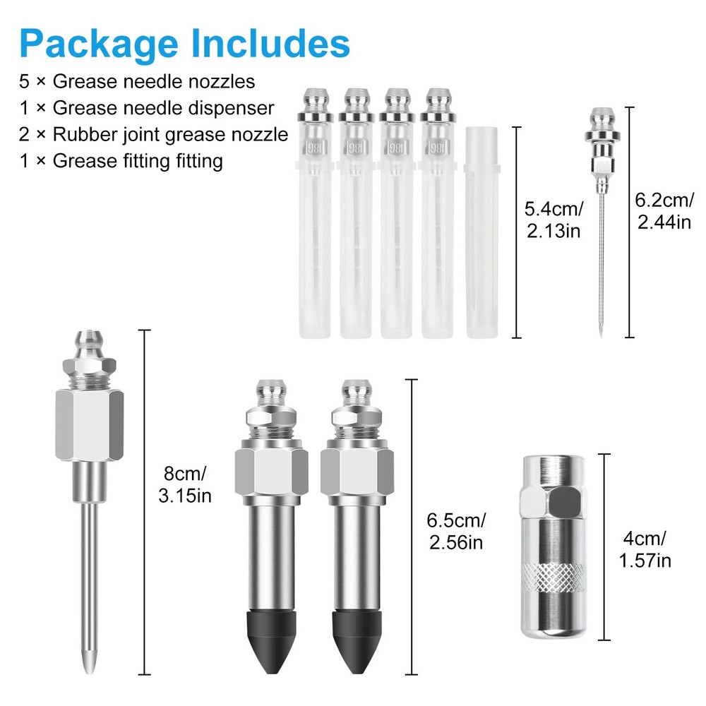 9Pcs Grease Gun Needle Nozzle Kit with Rubber Adapter Fitting Tool Accessory Set