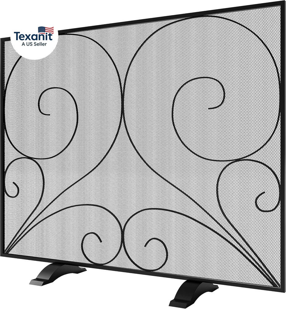 Single Panel Fireplace Screen Handcrafted Solid Wrought Iron Mesh, Heat-Resistan