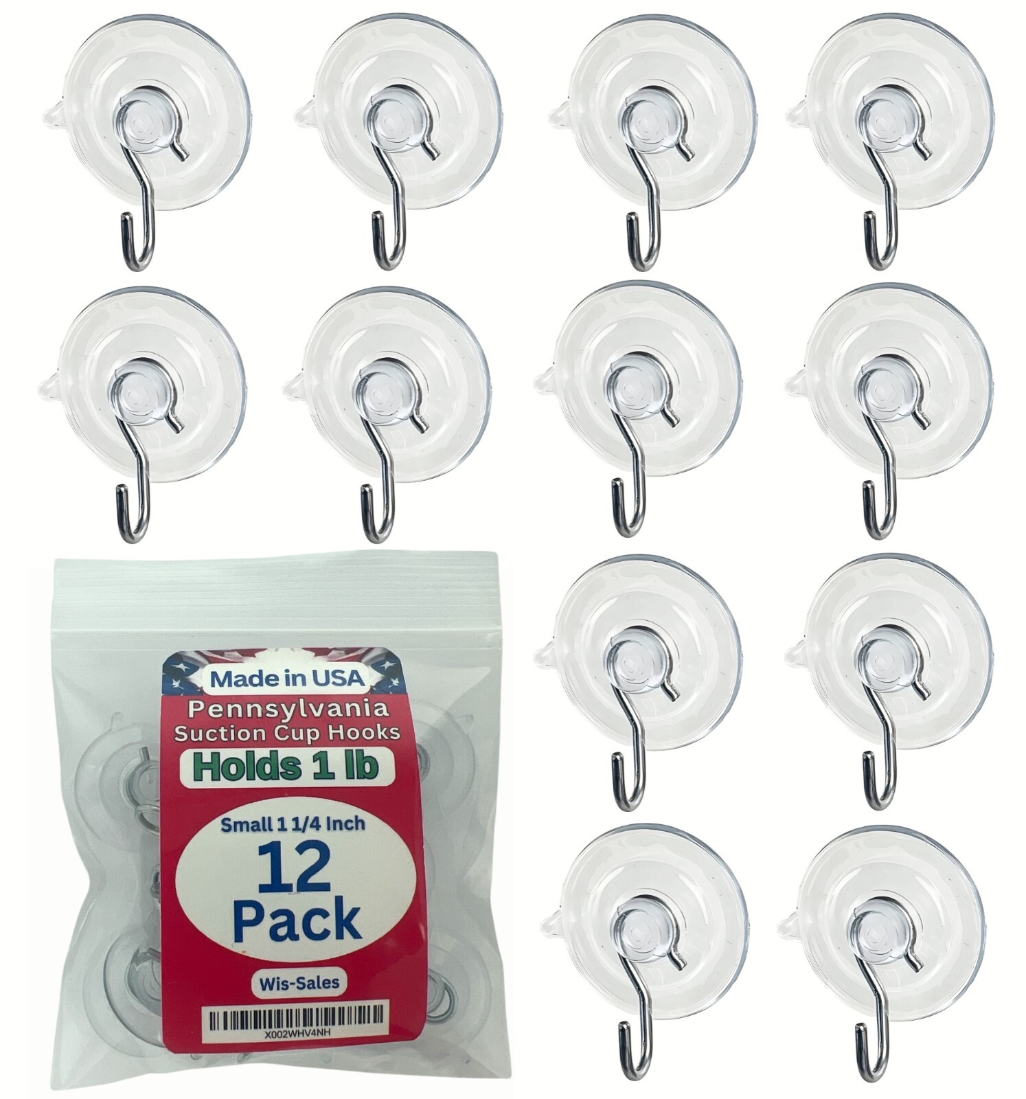 12 Pak Small 1 1/4Inch Pennsylvania Heavy Duty Suction Cup Hooks for Glass