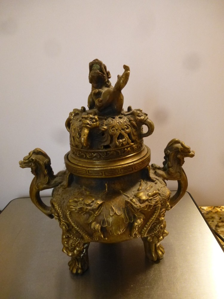 Vintage Bronze Foo Dog Dragon Burner