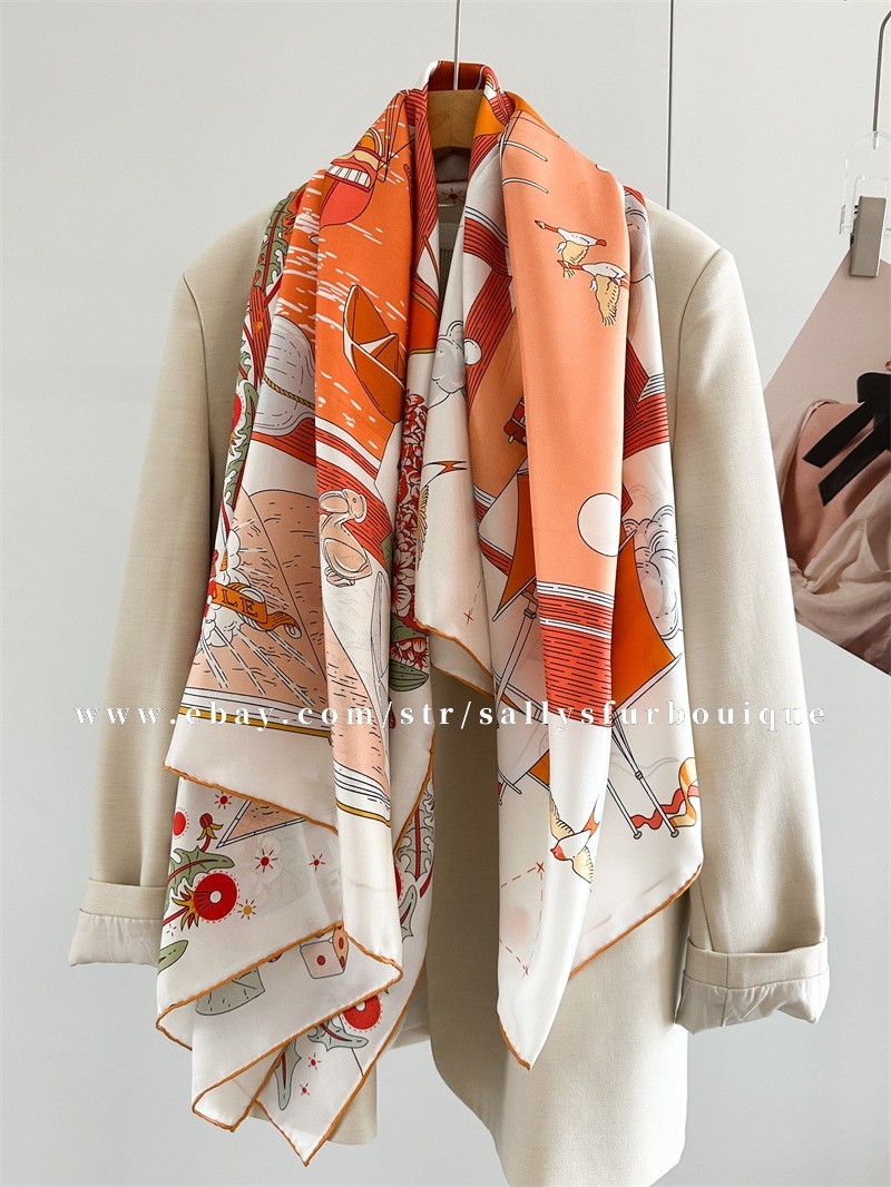 Sallys 100% Twill Silk Large Wrap Scarf Stole Boats Print Square Shawl 135cm