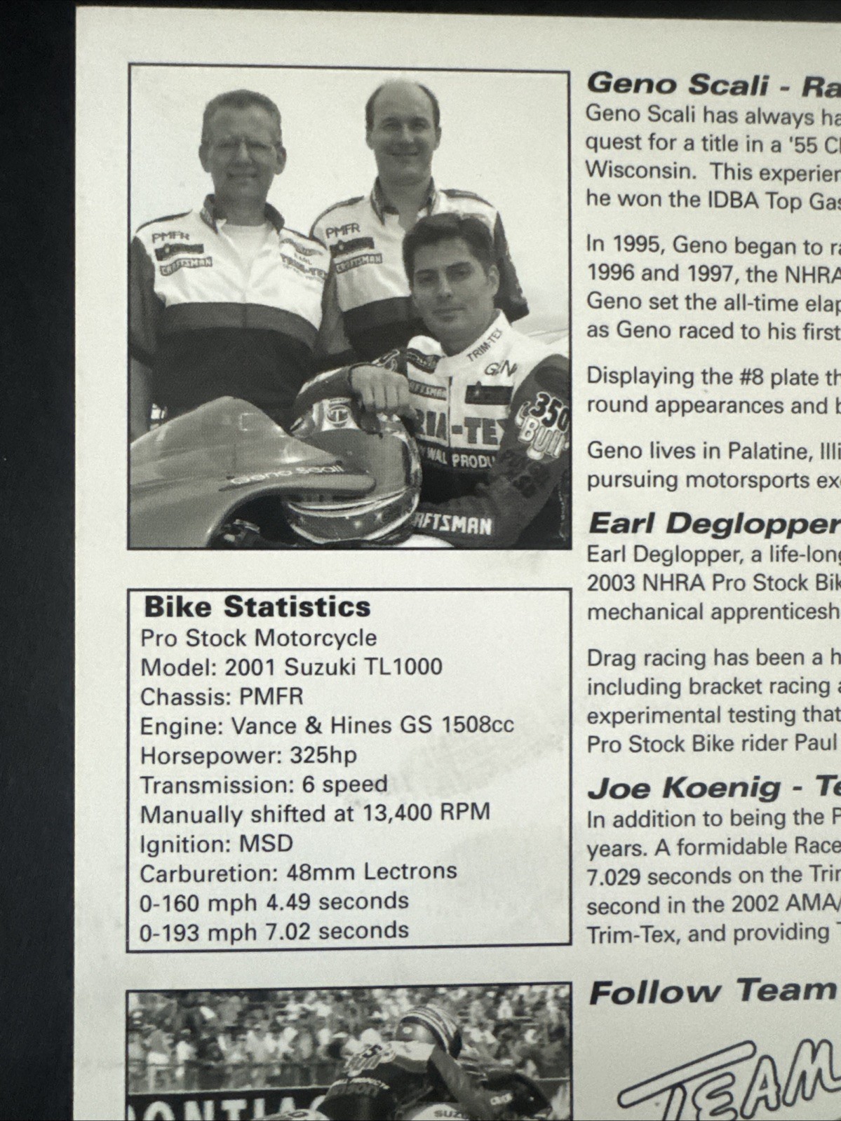 Geno Scali Autographed Racing Card Handout NHRA Pro Stock Motorcycle Trim-Tex