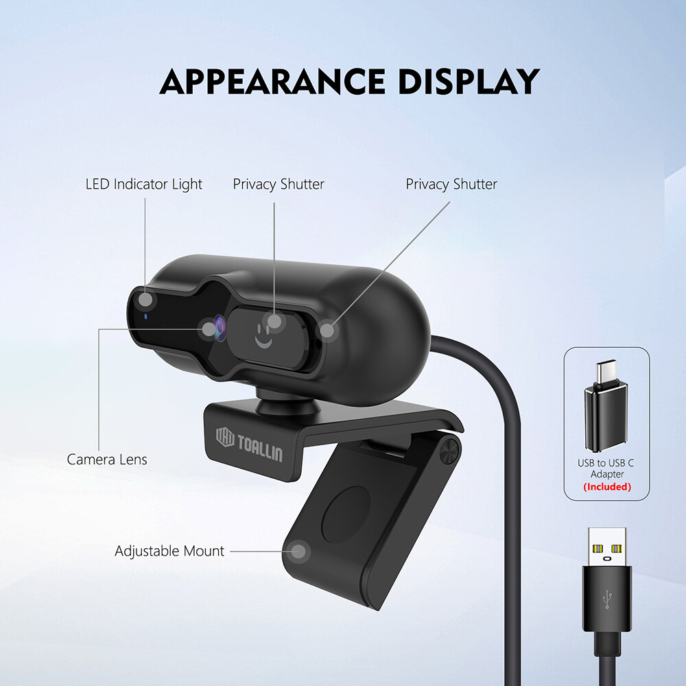 TOALLIN 4K UHD AutoFocus Webcam with Privacy Cover Noise Canceling Microphone