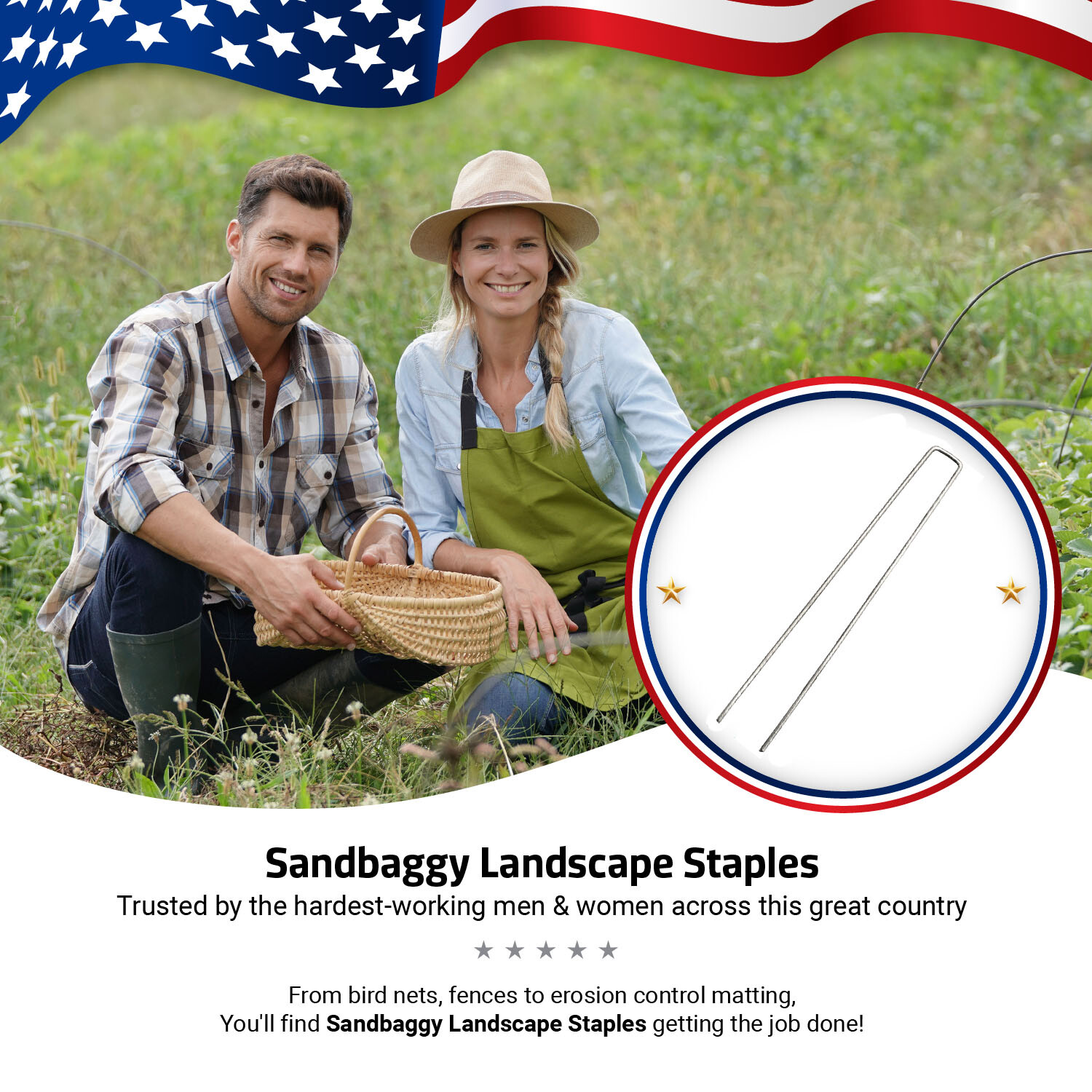 Sandbaggy 12 Inch RUST FREE Landscape Staples ~ SOD Stakes Fabric Pins - 8 Gauge