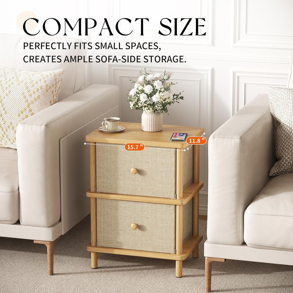 Nightstand W/ 2 Storage Drawers Boho Side Table W/ Solid Wood Legs End Table