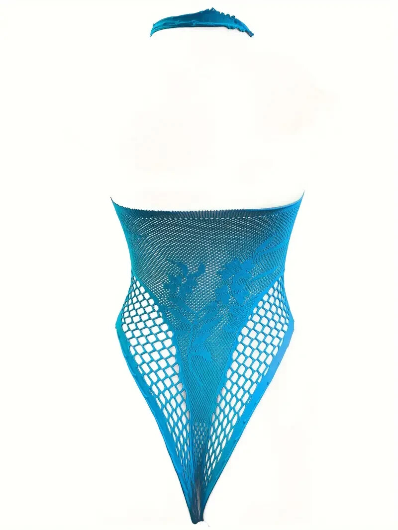 Plus Size Curvy Sky Blue Lingerie Hollowed Out Body Suit Fishnet Mesh One Size
