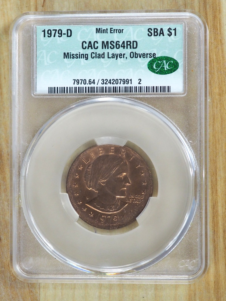 1979D $1 Susan B Anthony Dollar MINT ERROR Missing Clad Layer Obverse CAC MS64RD