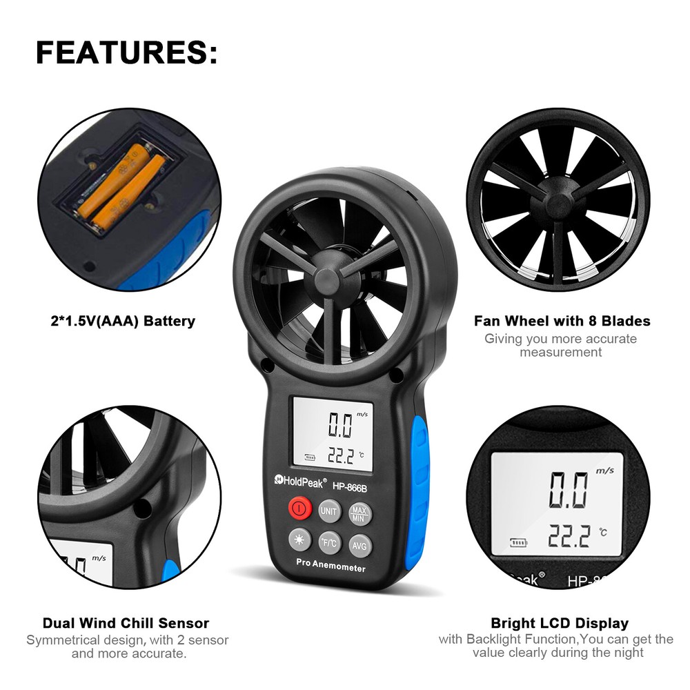 Digital Anemometer Wind Speed Meter Wind Measuring Air Flow Meter Velometer