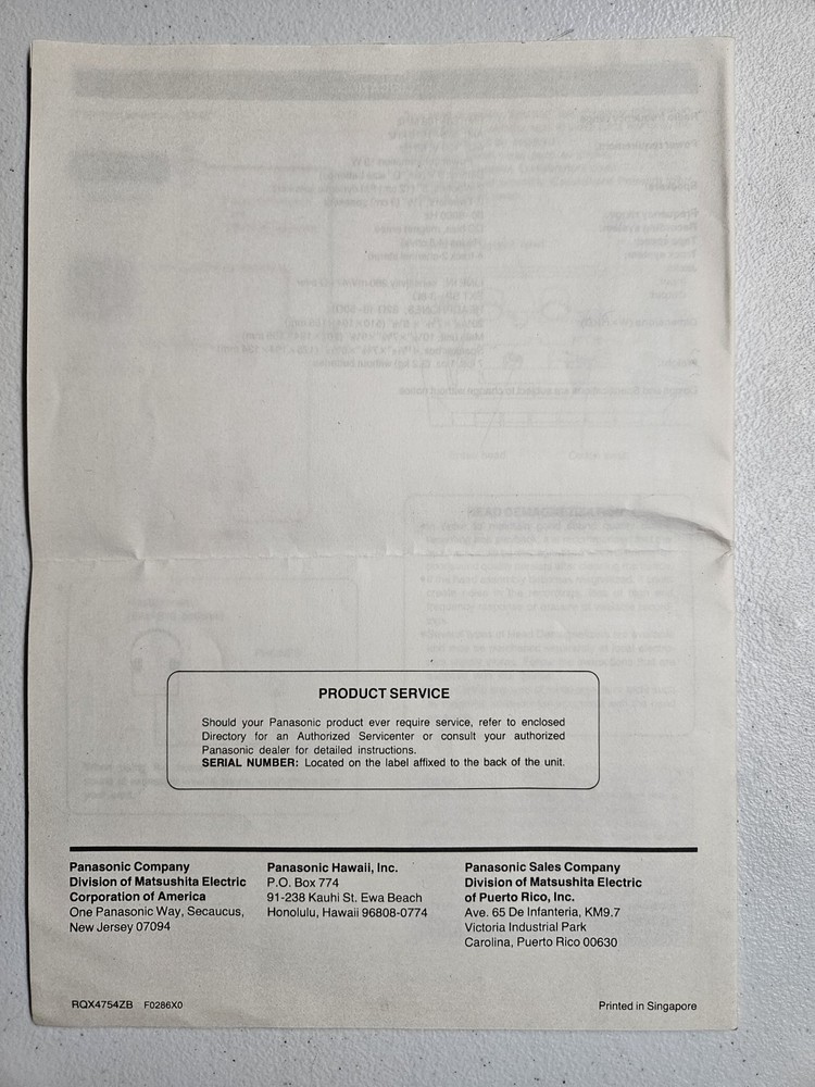 Panasonic RX-C36 Replacement Manual Operating Instructions Booklet