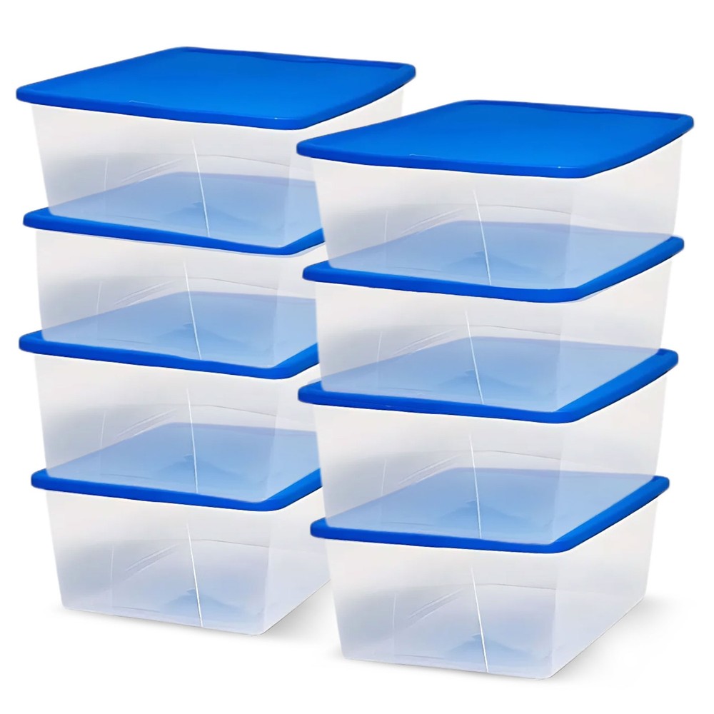 Homz 12 Qt Stackable Plastic Storage Container w/ Snaplock Lid, Blue (8 Pack)