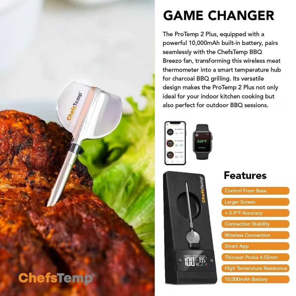 ChefsTemp ProTemp 2 Plus Needle Probe Wireless Meat Thermometer (Stand, 1 Probe)