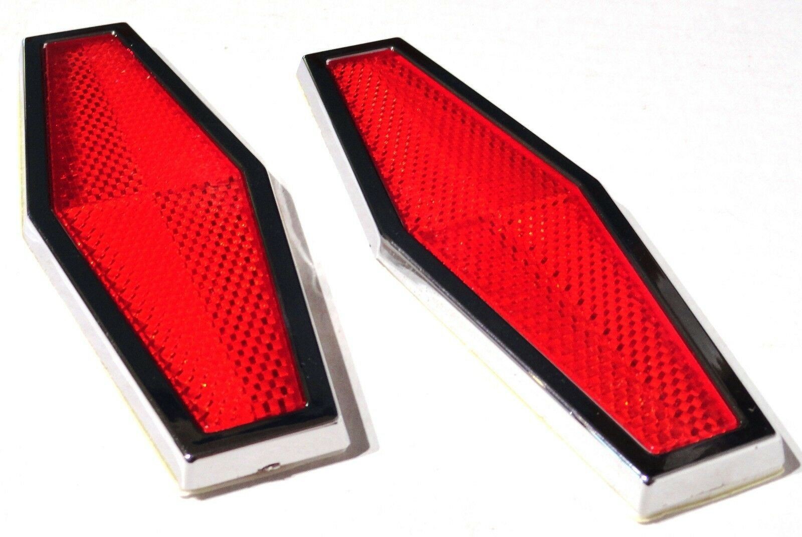Red Hexagon Reflectors 1-3/4" x 5-1/2 Acrylic Lens Chrome Trim Stick-On GG#80864