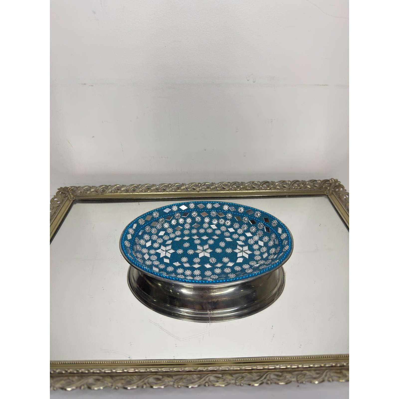Vintage India Blue and Silver Mirroed Mosiac Tray for trinkets and jewelry