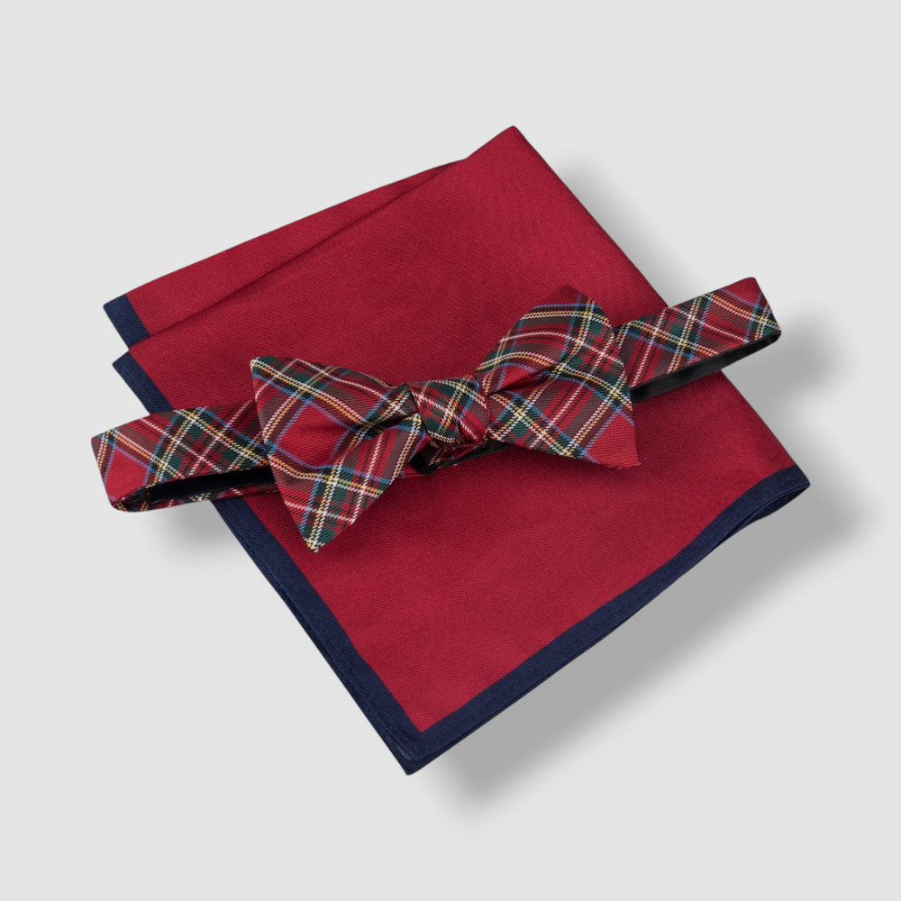 Tommy Hilfiger Mens Red Plaid Bow Tie & Solid Pocket Square 2pc Set