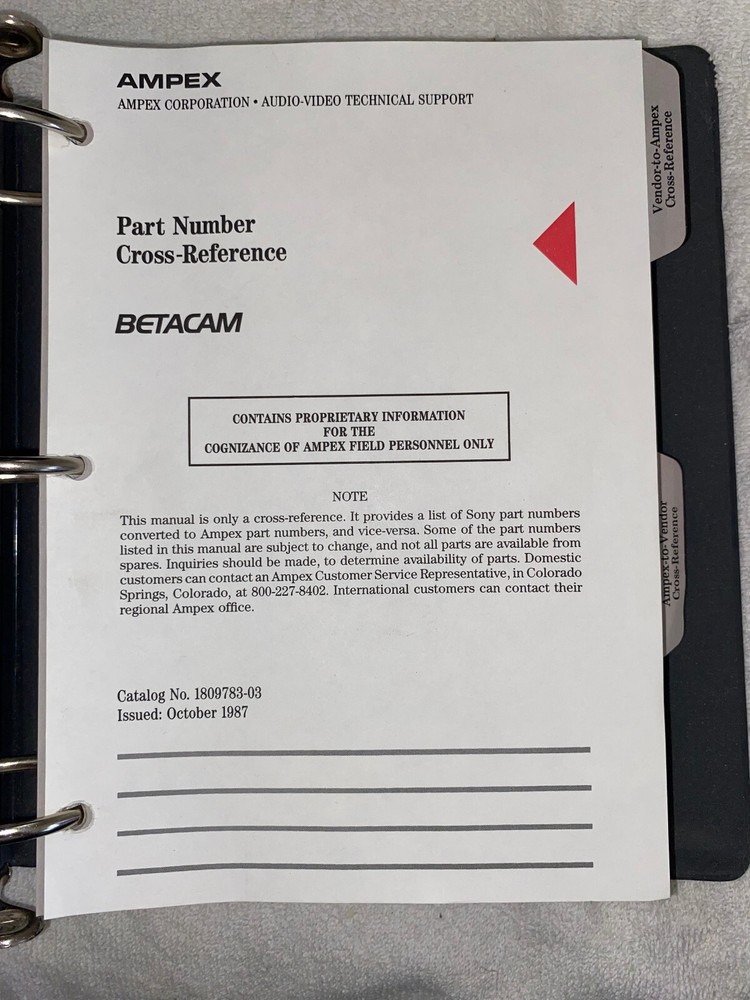 AMPEX PART NUMBER CROSS REFERENCE Manual