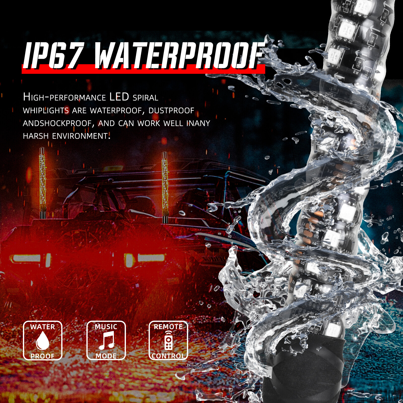 For Can-am Outlander 570 XMR X3 2PCS 1FT LED Whip Lights RGB Chasing Antenna