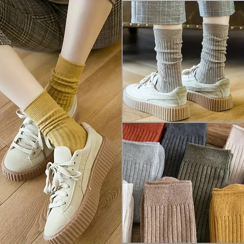 10 Pairs Women’s Soft Blend Mid-Length Socks Solid Colors Japanese Retro Style