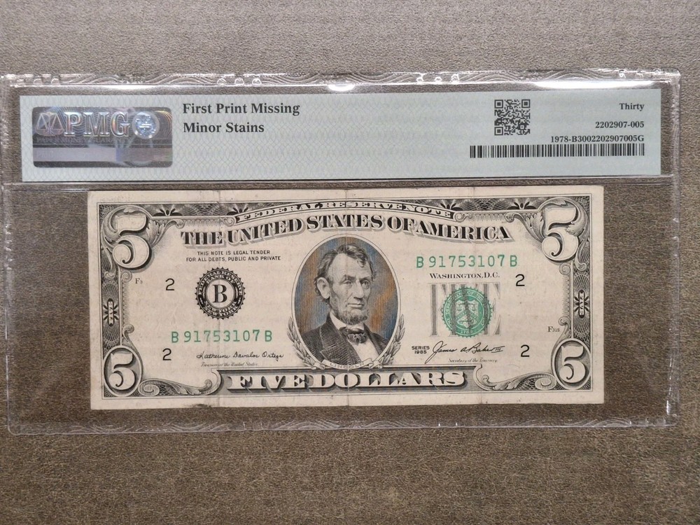 1985 $5 Fr#1978-B Missing Print Error PMG 30 Federal Reserve Note