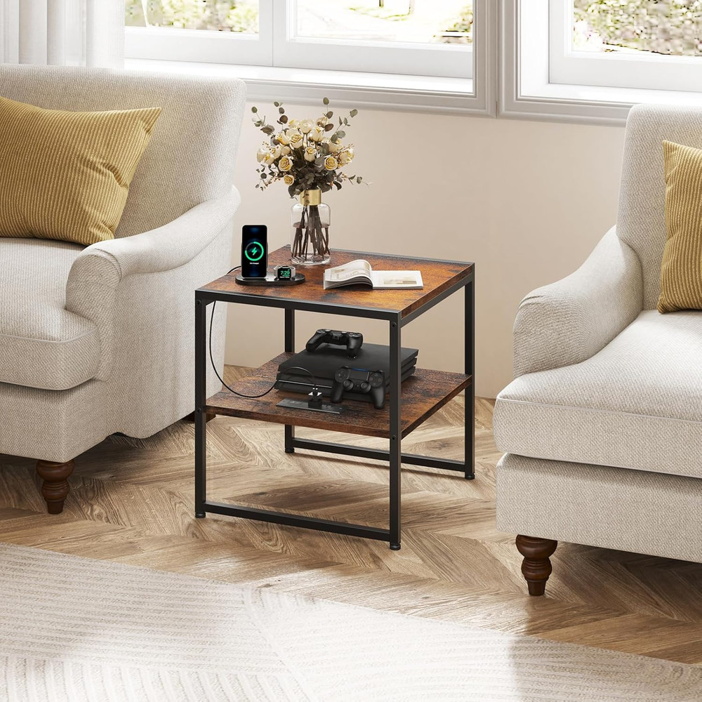 20IN End Table with Charging Station, Rustic Brown Square Side Table with USB Po