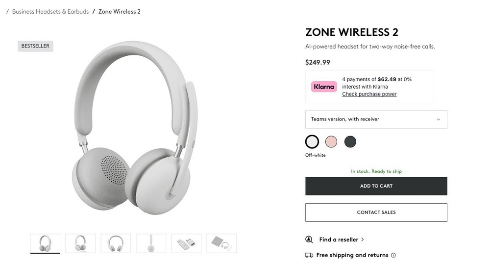 Logitech Zone Wireless 2 Microsoft Teams Certified - White Color With Receiver