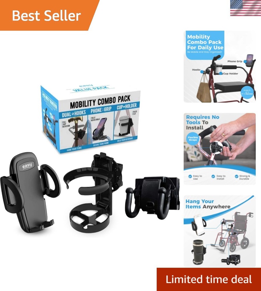 Mobility Combo Pack, Hook, Phone and Cup Holder for Walker, Portable Beverage...