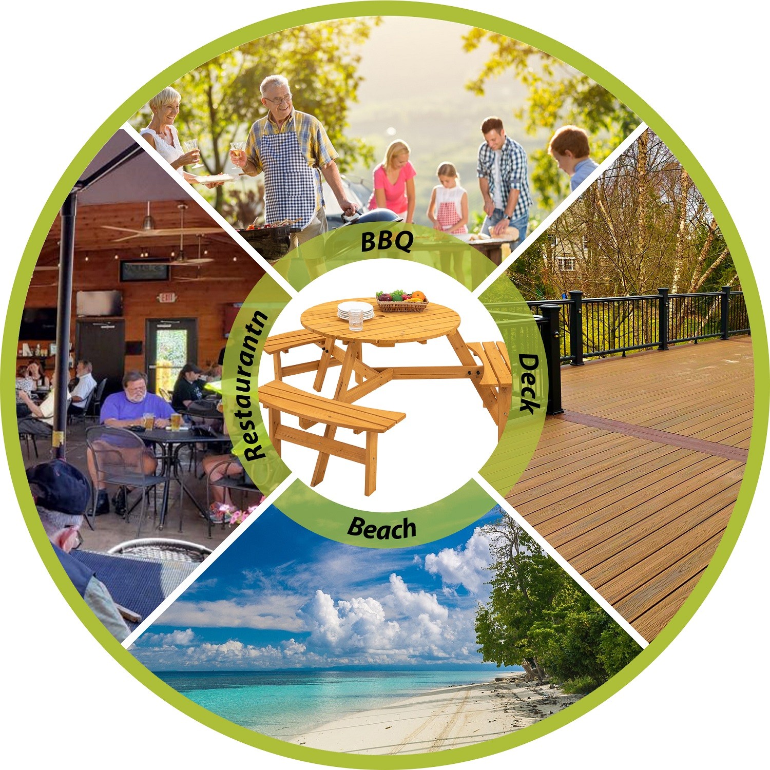 6-Person Circular Outdoor Wooden Picnic Table with 3 Built-in Benches for Patio