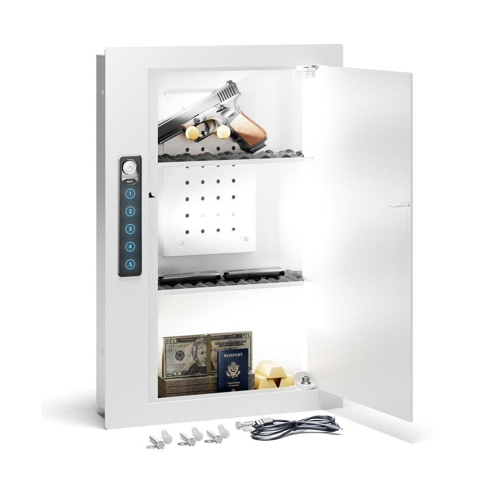 Grimtron Quick Access White Wall Safe with Removable Pegboard & Shelfs, Flat ...