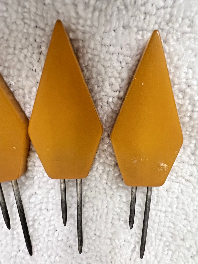 4 Vintage Yellow Butterscotch Bakelite Handle Kob Knobs Corn Cob Picks 3 1/8"