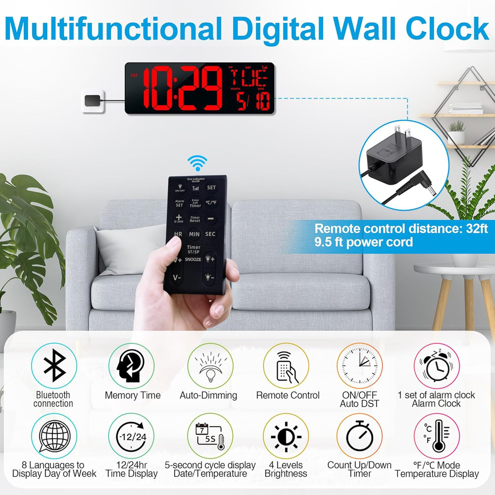 17.2" Large Digital Wall Clock Bluetooth Auto Time Sync Digital Clock Large Disp