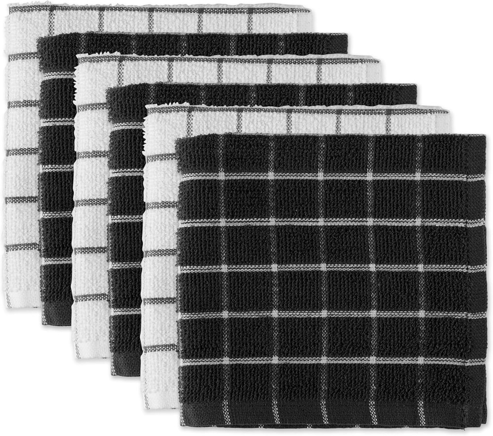 Basic Terry Collection Windowpane Dishcloth Set, 12X12, Black, 6 Piece