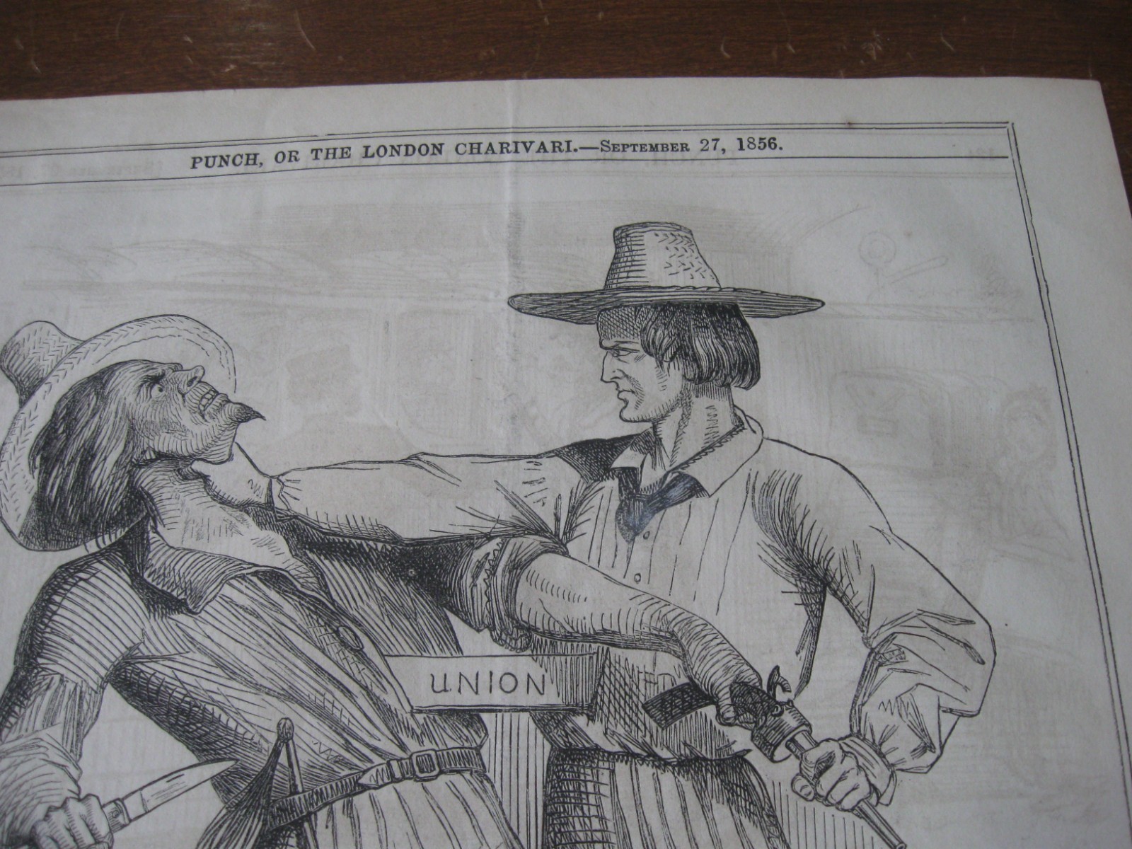1856 Original POLITICAL CARTOON - NORTH SOUTH America FIGHT Knife Pistol UNION