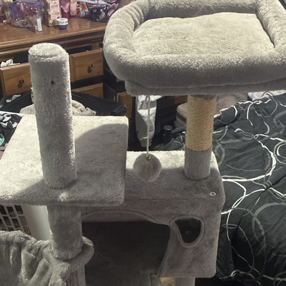 Gray Medium Cat Tower Multi-Level with Sisal Carpet Platforms Hammock Toy