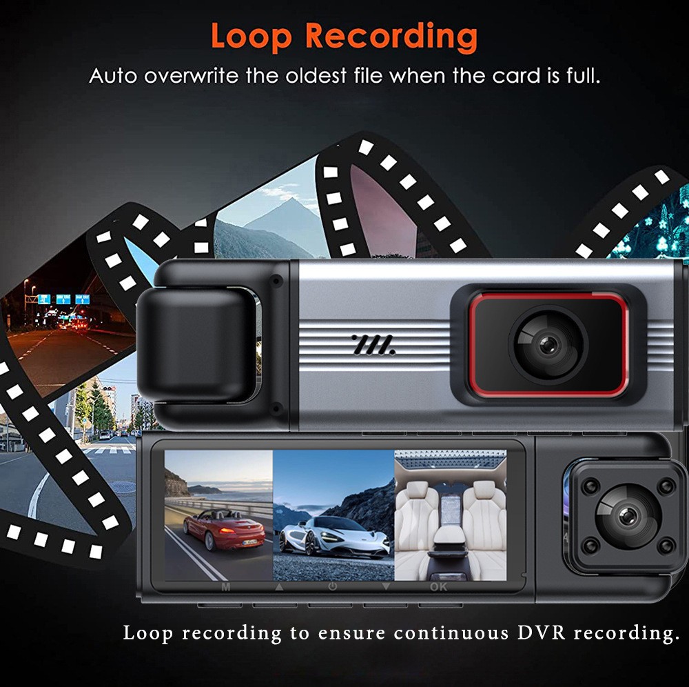 Three Lens Car Interior Dash Camera HD 1080P DVR Video Recorder Loop Recording